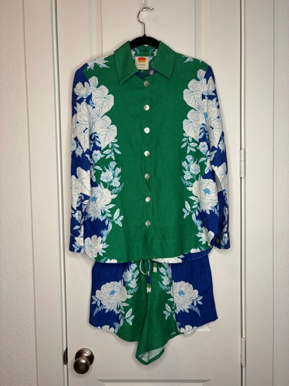 Farm Rio Green Blue Floral Button Top + Shorts Set Tropical Resort Matching - Picture 12 of 12